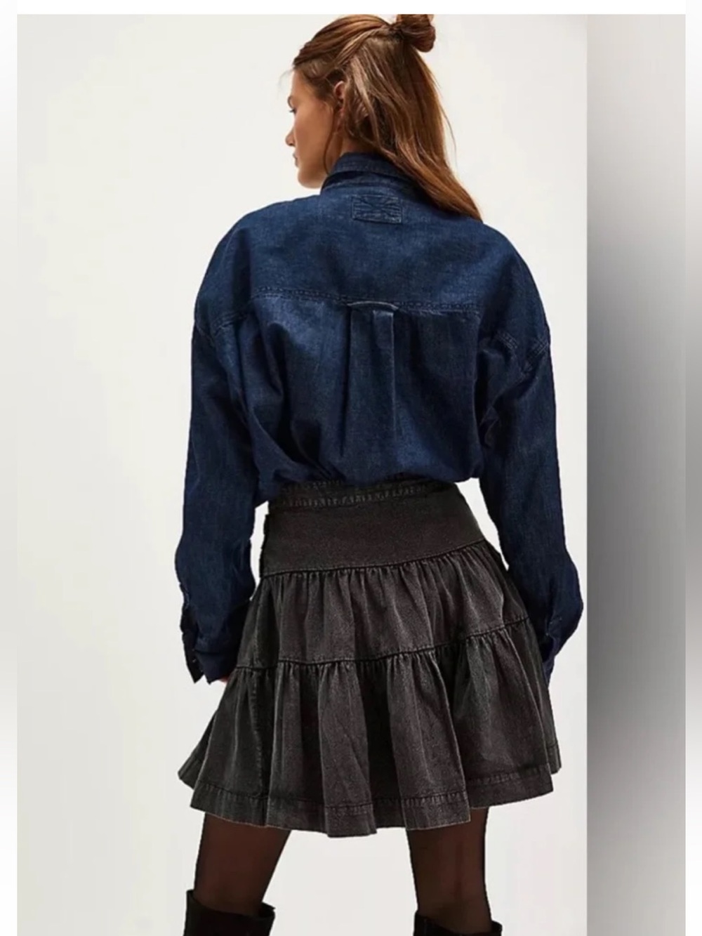 Free People August Embroidered Tiered Mini Skirt in Washed Black Size 4 - Picture 3 of 8